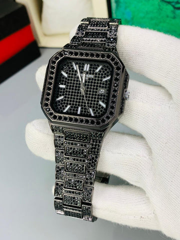 Patek Philippe Style Iced Out Stone Watch – Full Diamond | Silver & Black
