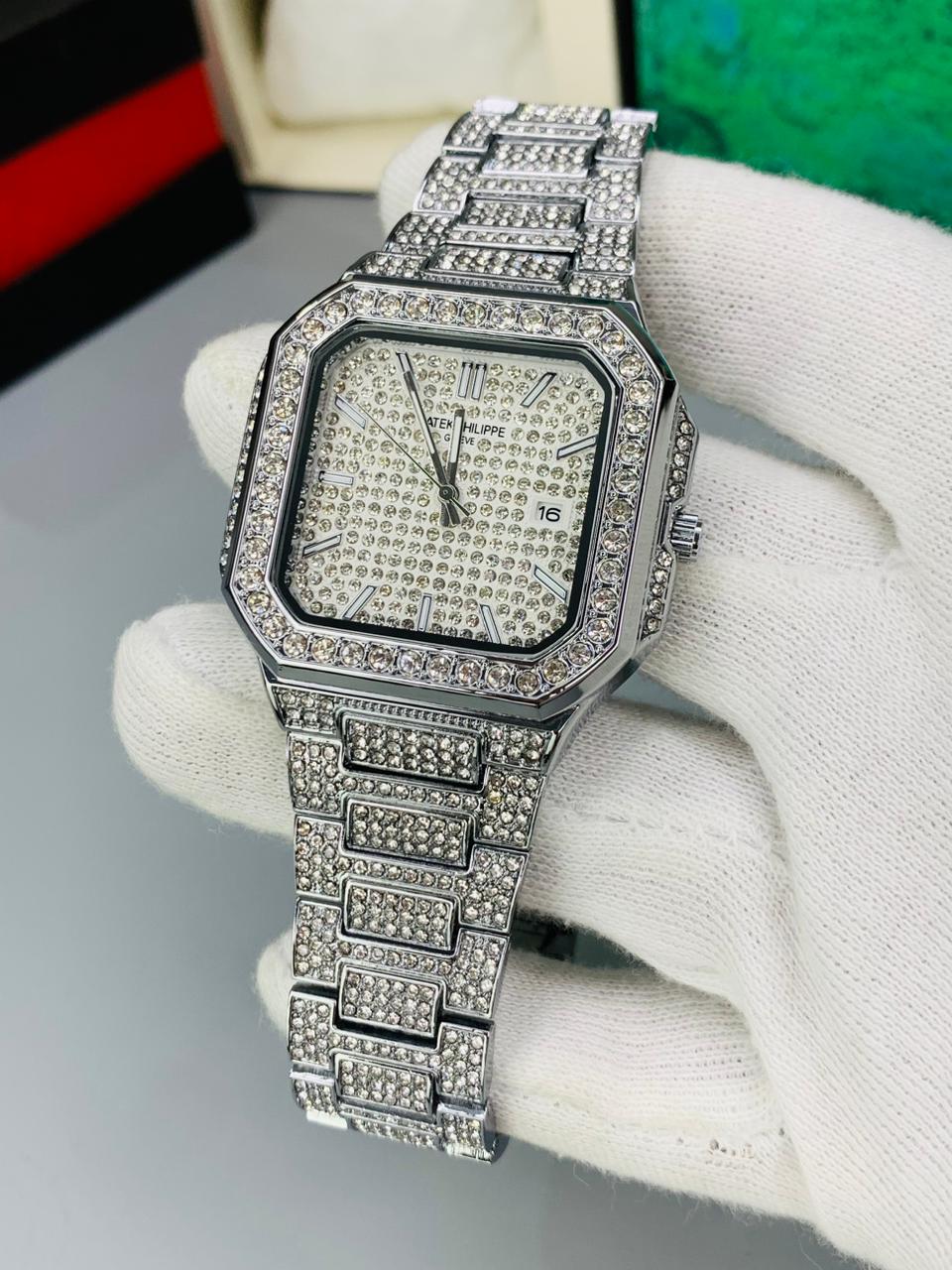 Patek Philippe Style Iced Out Stone Watch – Full Diamond | Silver & Black