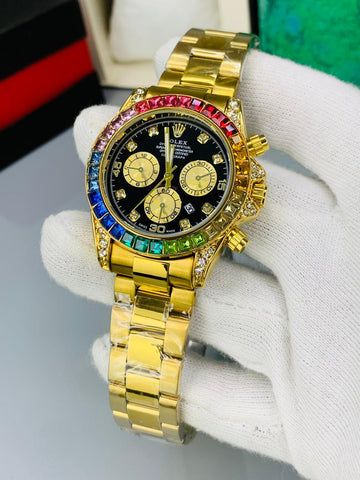 Rolex Daytona Style Rainbow Bezel Watch – Silver & Gold | Multi-Color Stones