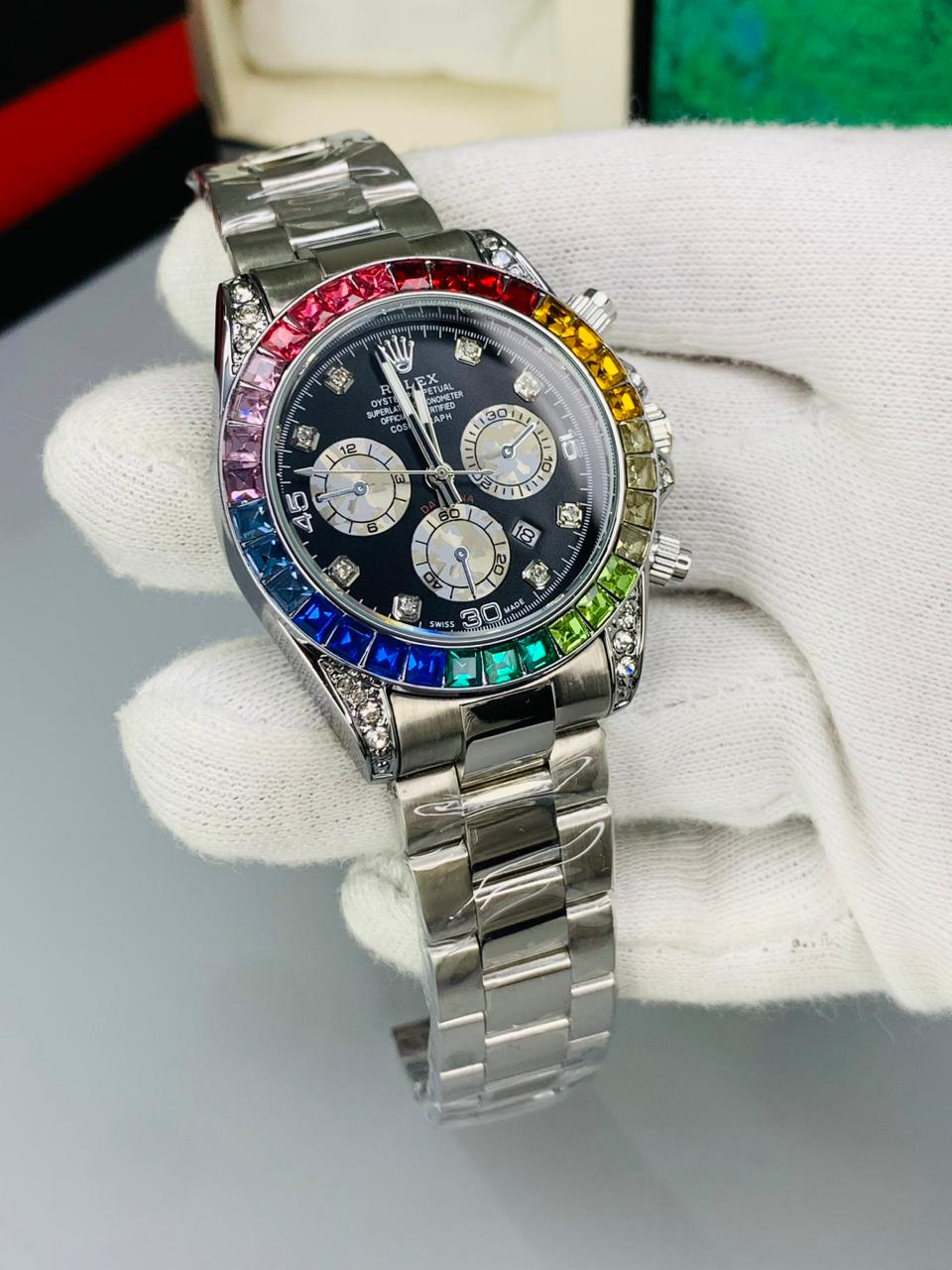 Rolex Daytona Style Rainbow Bezel Watch – Silver & Gold | Multi-Color Stones