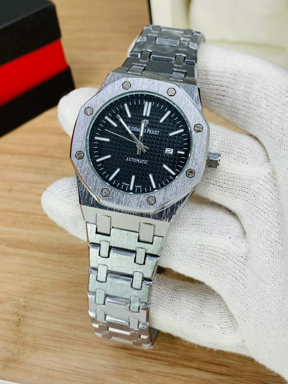 Audemars Piguet Royal Oak Style Watch – Black & Blue Dial | Brushed Steel Bracelet | Automatic