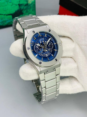 Hublot Big Bang Skeleton Chronograph Watch – Black, White, Blue, Rose Gold Dial | Steel Bracelet